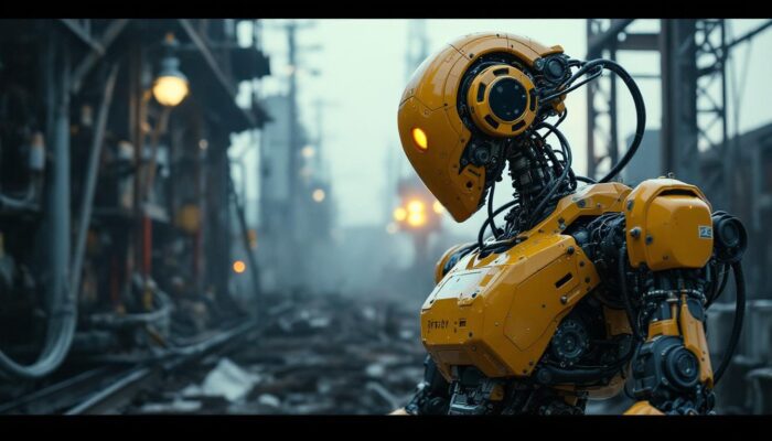 A photograph of capture a photograph of an industrial robot in action at a decommissioned fukushima site