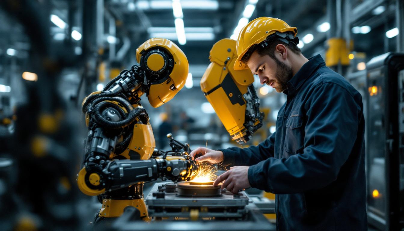 A photograph of a skilled technician working alongside an industrial robot in a modern manufacturing facility