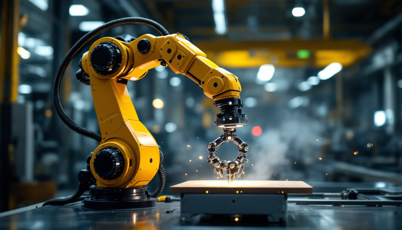 A photograph of a sleek industrial robotic arm in action