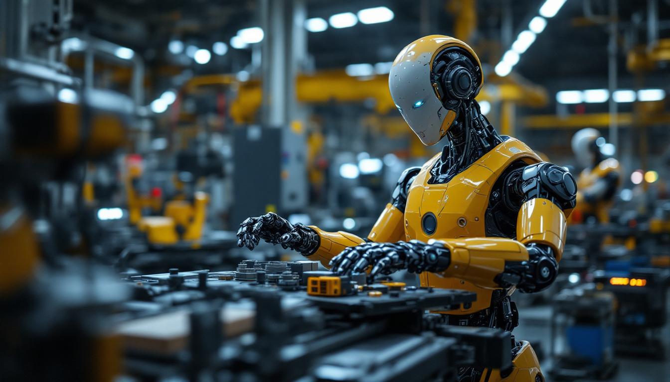 A photograph of a sleek industrial robot in action on a factory floor