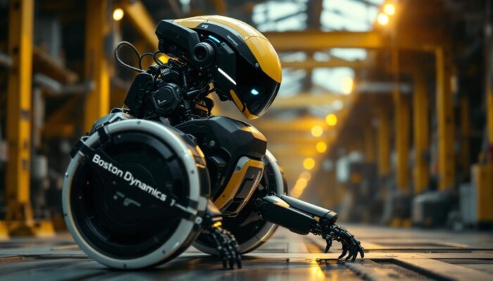 A photograph of a boston dynamics robot in action