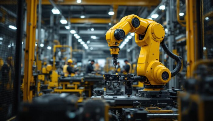 A photograph of capture a photograph of a modern industrial robot in action within a boston manufacturing facility