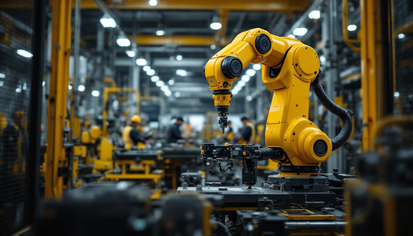 A photograph of capture a photograph of a modern industrial robot in action within a boston manufacturing facility