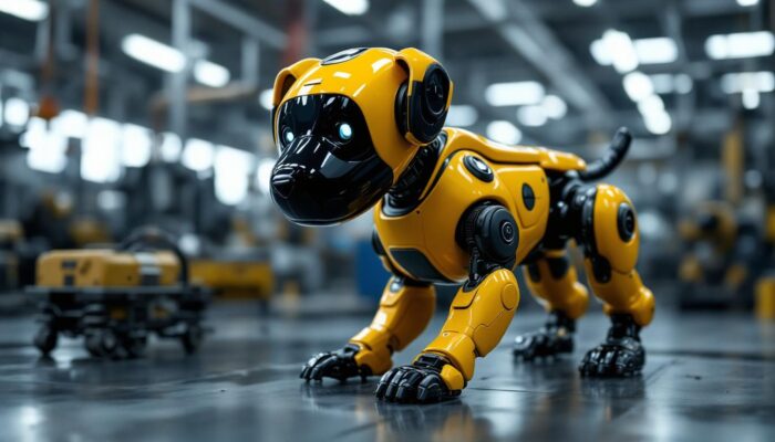 A photograph of a spot robot dog in an industrial setting