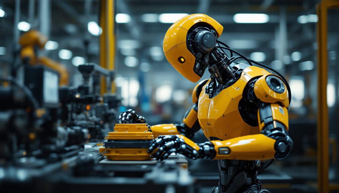 A photograph of a sleek industrial robot in action within a manufacturing environment