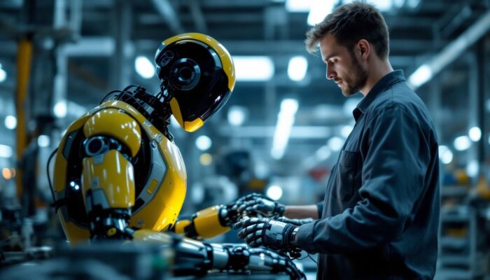 A photograph of a humanoid robot engaged in a task alongside a human worker in an industrial setting