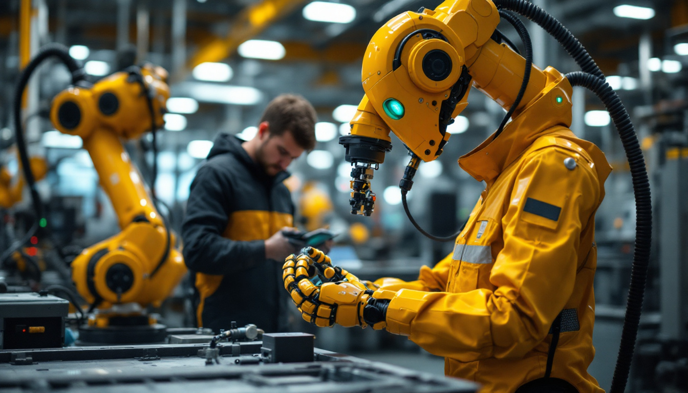 A photograph of a skilled technician working alongside a universal robot in an industrial setting