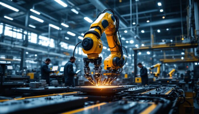 A photograph of a sleek industrial robotic arm in action within a modern manufacturing environment