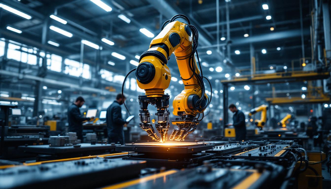 A photograph of a sleek industrial robotic arm in action within a modern manufacturing environment