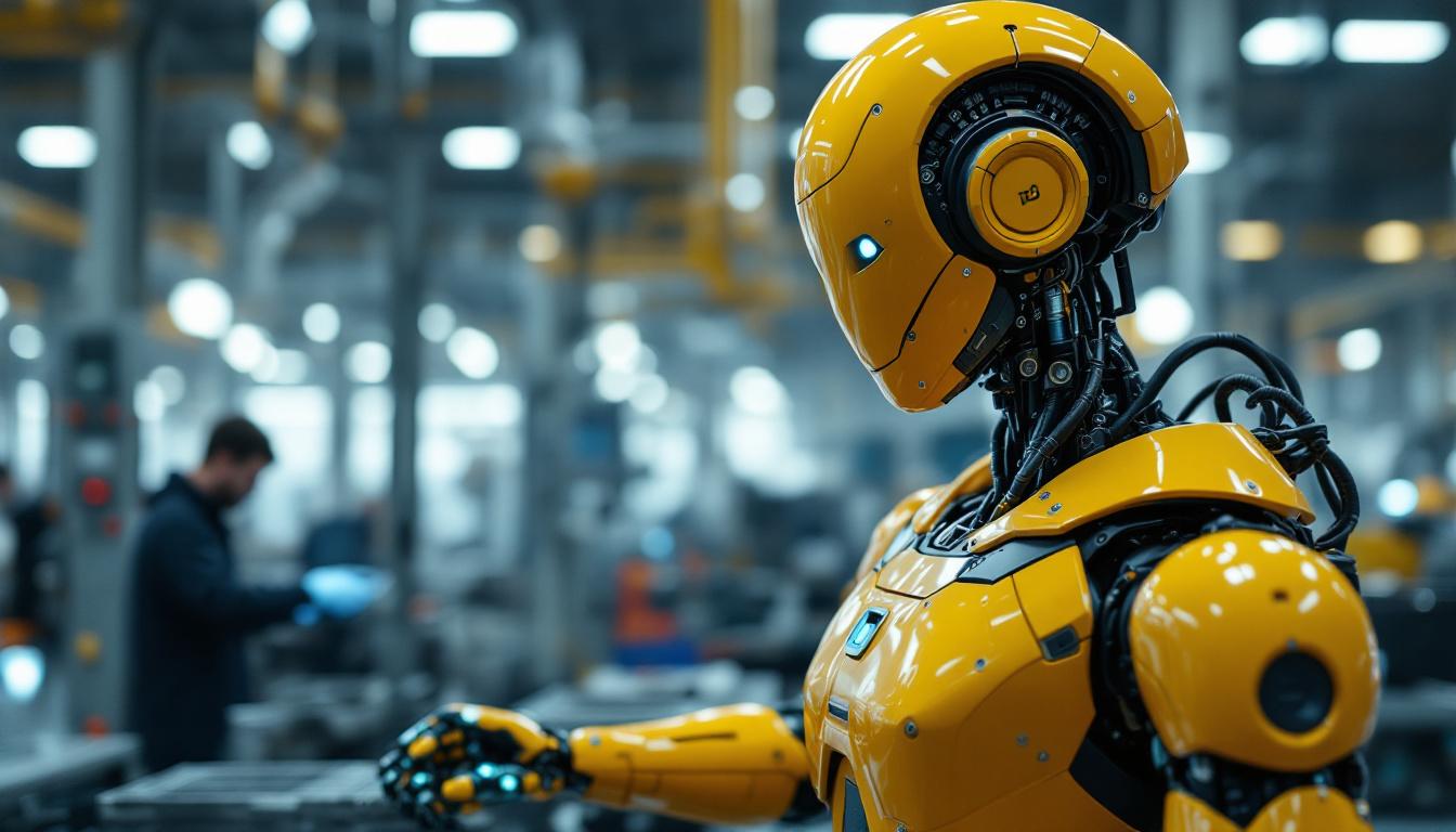 A photograph of a humanoid industrial robot in action within a manufacturing environment