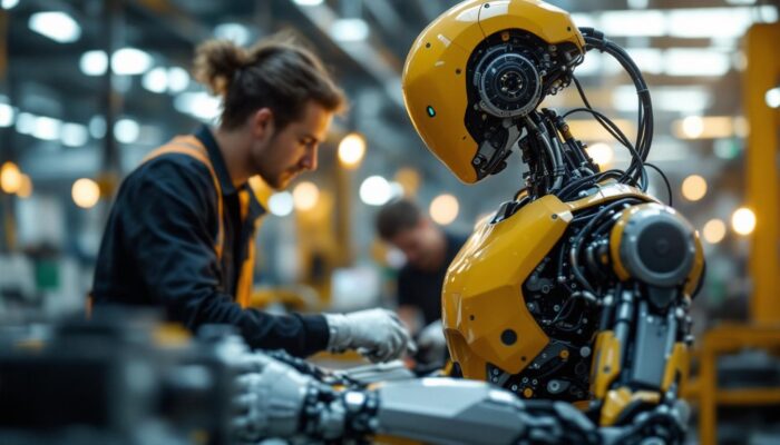 A photograph of a humanoid robot in an industrial setting
