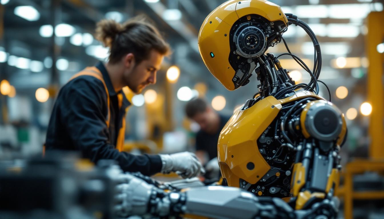 A photograph of a humanoid robot in an industrial setting