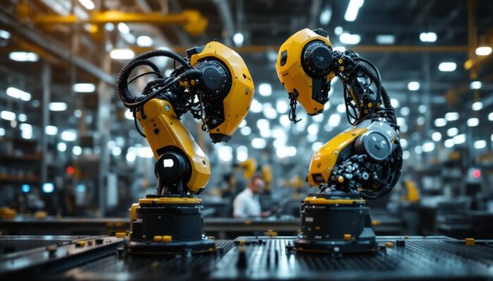 A photograph of a modern industrial robot in action on a factory floor