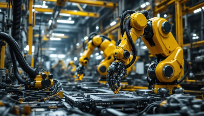 A photograph of a dynamic industrial robotics scene featuring advanced robotic arms and automated machinery in action