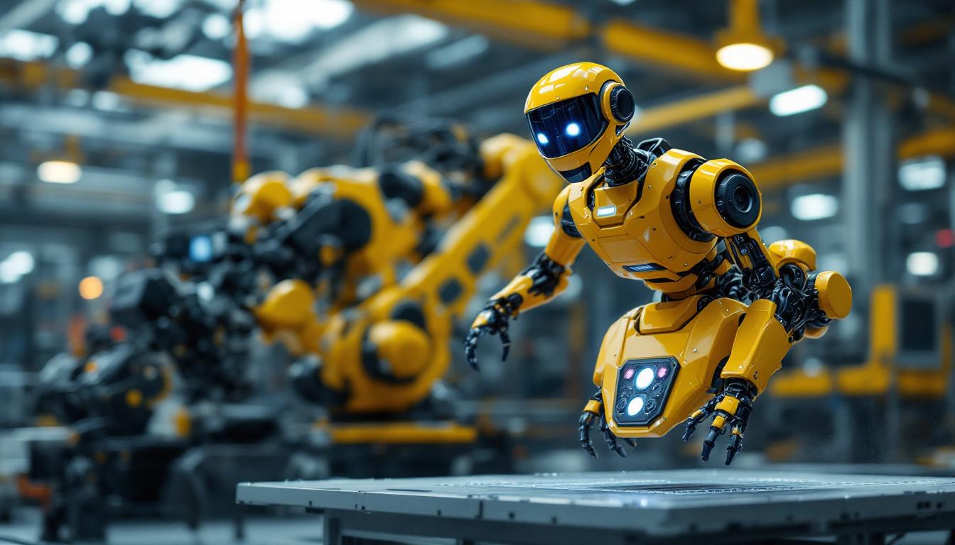 A photograph of a dynamic industrial robot in action