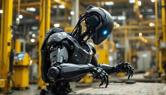 A photograph of capture a photograph of a boston dynamics robot in action within an industrial setting