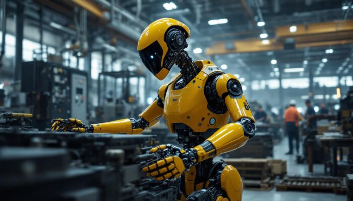A photograph of a boston dynamics robot in action within an industrial setting