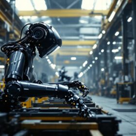 A photograph of a dynamic industrial setting featuring the atlas robot in action