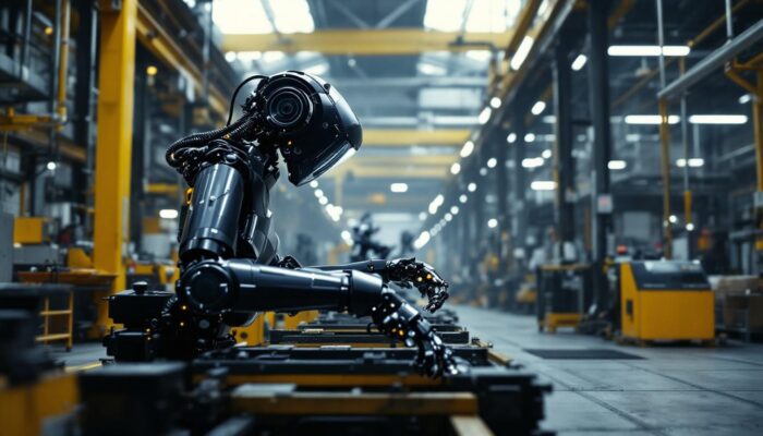 A photograph of a dynamic industrial setting featuring the atlas robot in action