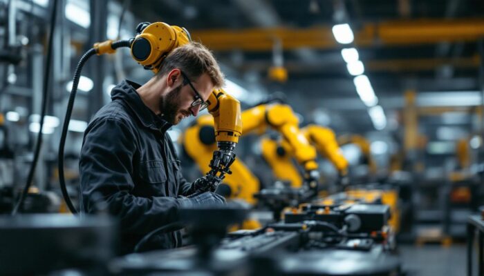 A photograph of a skilled robotics engineer working hands-on with an industrial robotic arm in a modern manufacturing environment