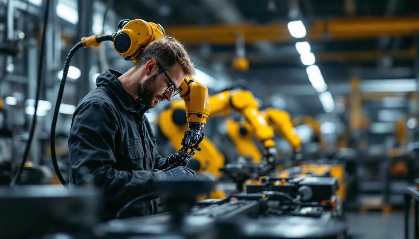 A photograph of a skilled robotics engineer working hands-on with an industrial robotic arm in a modern manufacturing environment