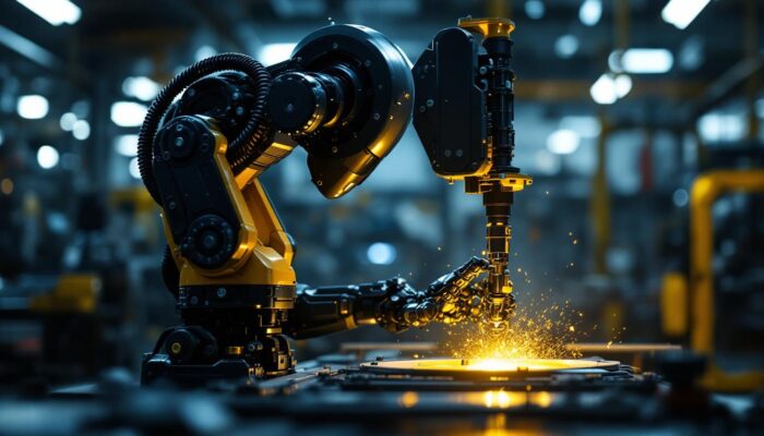 A photograph of a sleek industrial robot in action