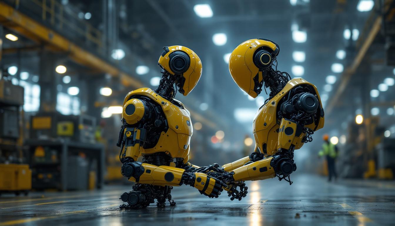 A photograph of a dynamic industrial setting featuring a boston dynamics robot in action