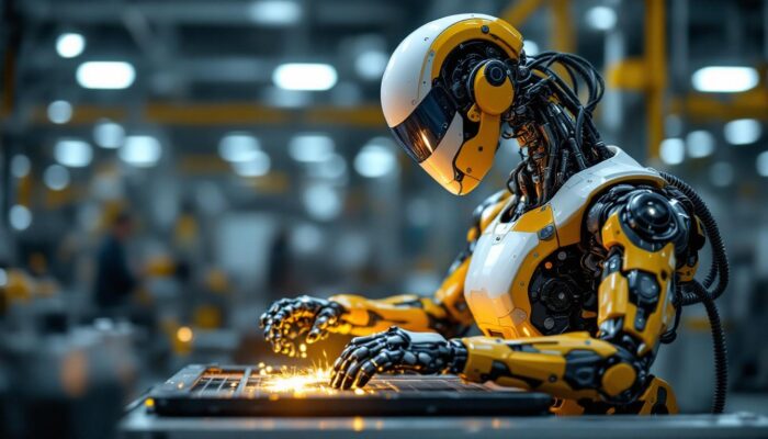 A photograph of a sleek industrial robot in action