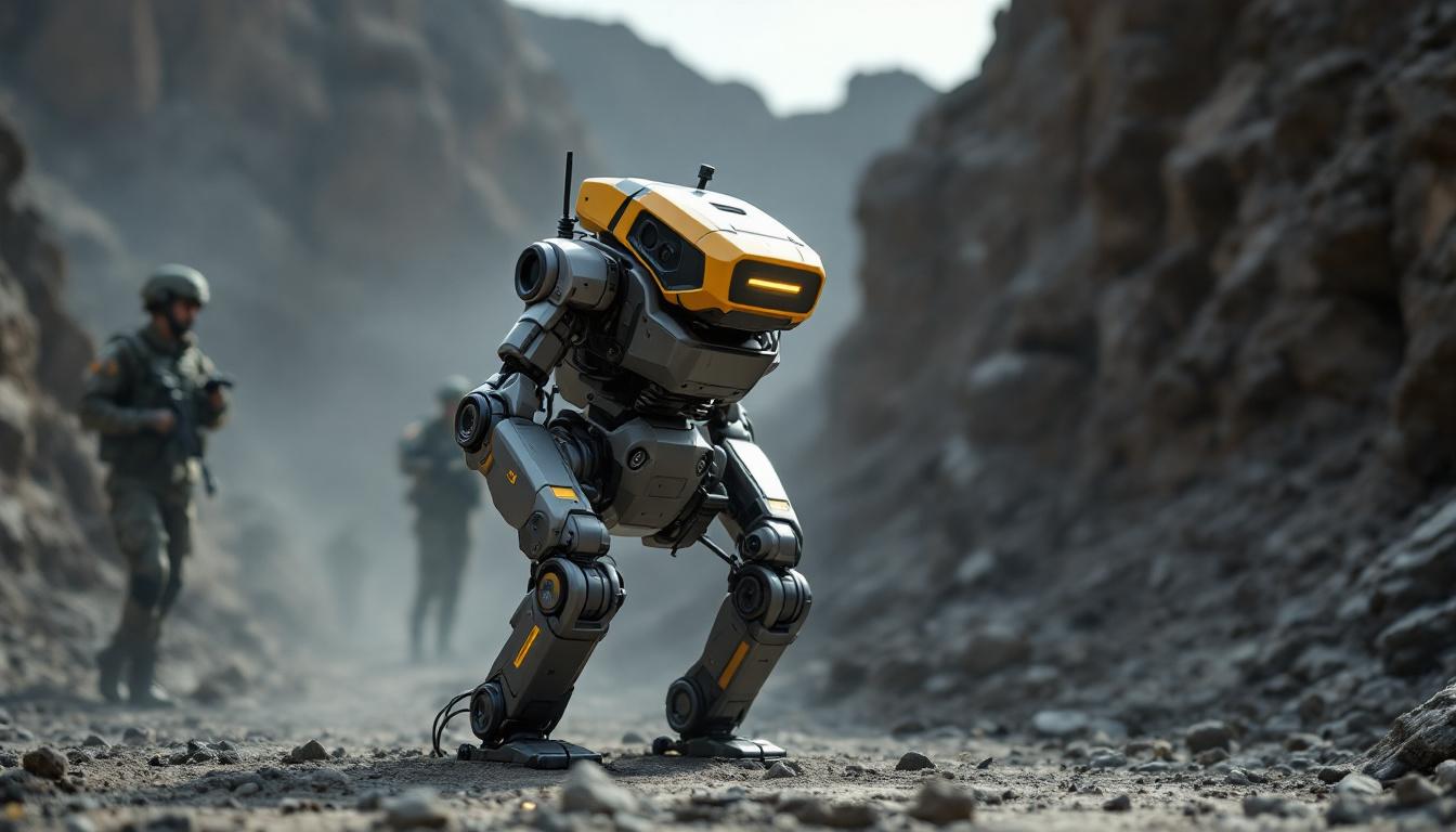 A photograph of capture a photograph of a boston dynamics military robot in action