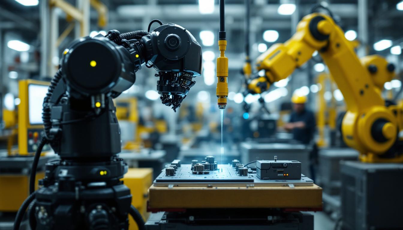 A photograph of a dynamic spot industrial robot in action within a manufacturing environment