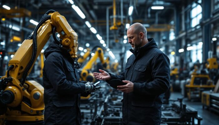 A photograph of a dynamic industrial setting featuring robert playter interacting with advanced robotic systems