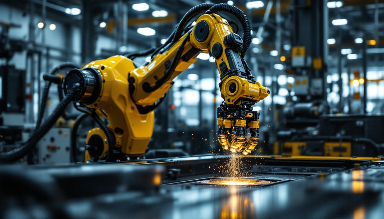 A photograph of a sleek industrial robotic arm in action within a modern manufacturing facility