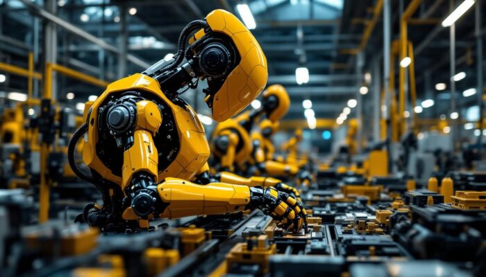 A photograph of a modern industrial robot in action on a factory floor