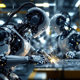 A photograph of a sleek industrial robot in action
