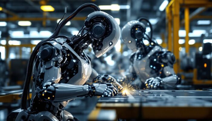 A photograph of a sleek industrial robot in action