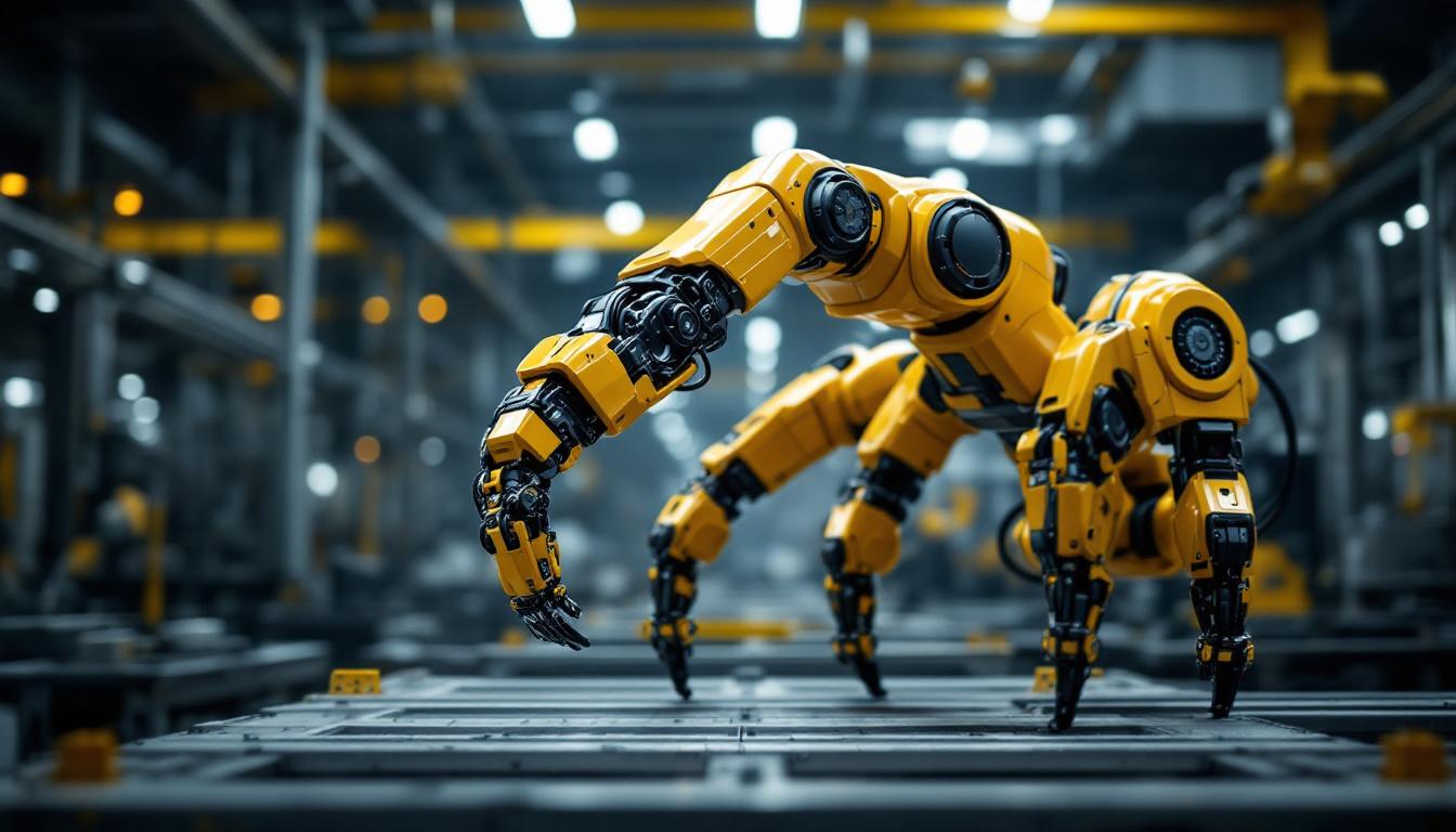 A photograph of a dynamic industrial robotic arm with four legs in action