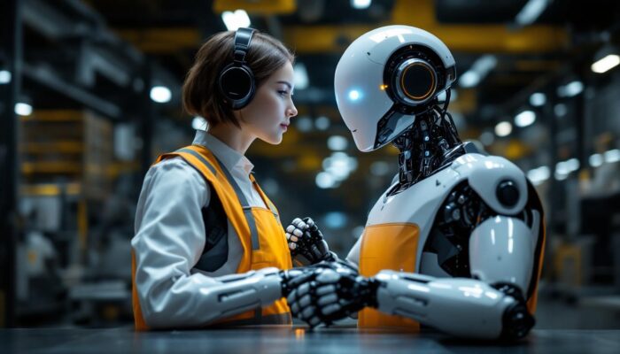 A photograph of a lifelike humanoid robot interacting seamlessly with human workers in an industrial setting