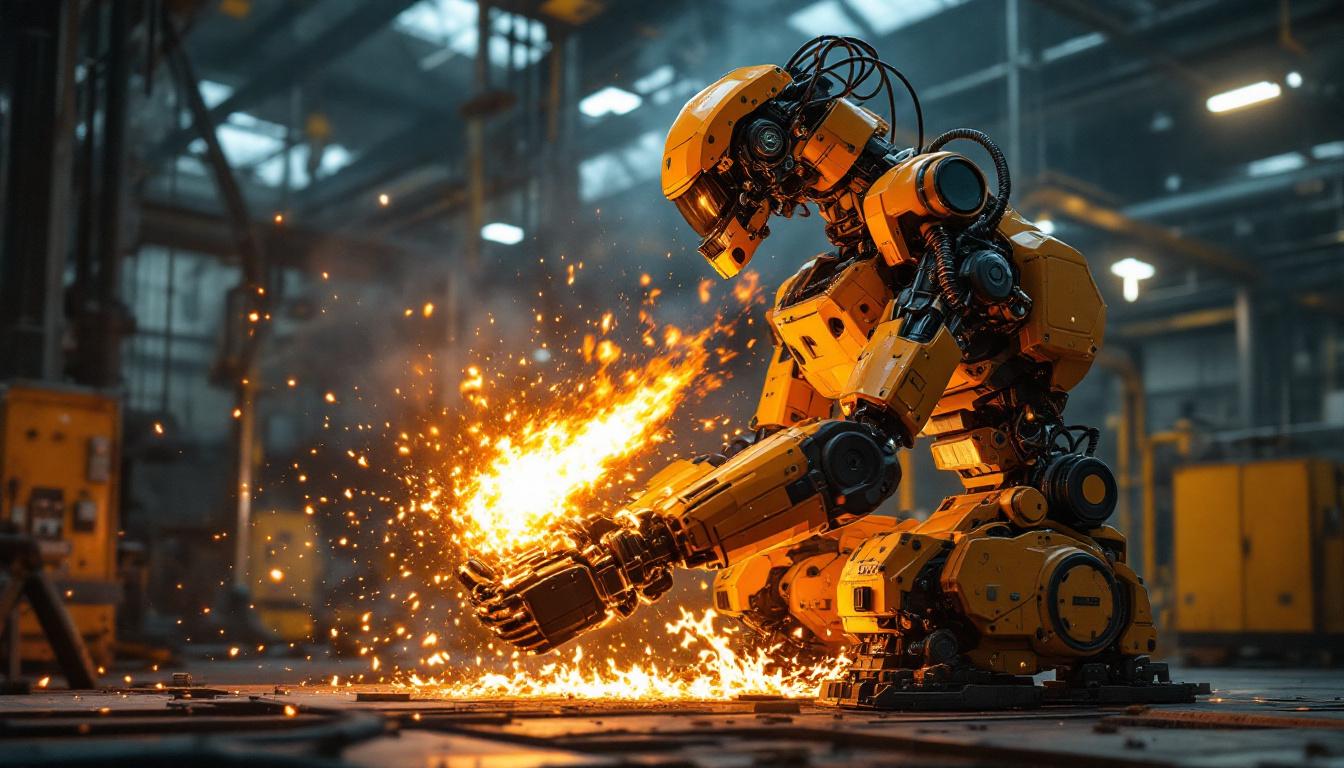 A photograph of a dynamic industrial setting featuring a flame-throwing robot in action