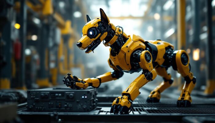 A photograph of capture a photograph of an industrial robotic dog in action