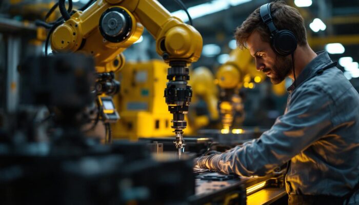 A photograph of a skilled technician programming an industrial robot in a high-tech manufacturing environment