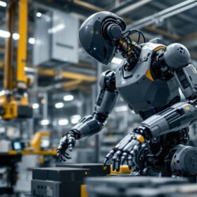 A photograph of a boston dynamics robot in action within an industrial setting