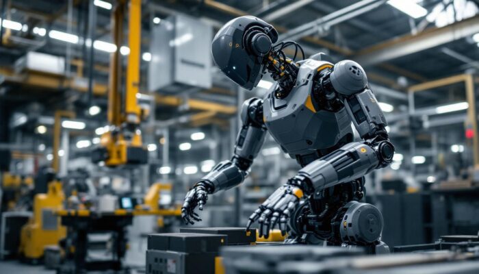 A photograph of a boston dynamics robot in action within an industrial setting