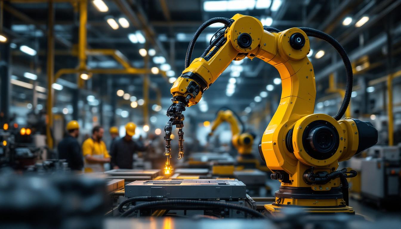 A photograph of a sleek industrial robotic arm in action within a modern manufacturing facility