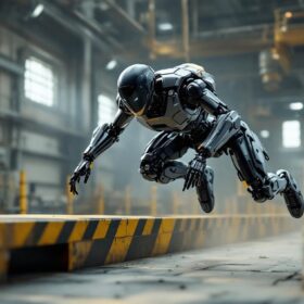A photograph of a boston dynamics robot in mid-action as it navigates an obstacle course