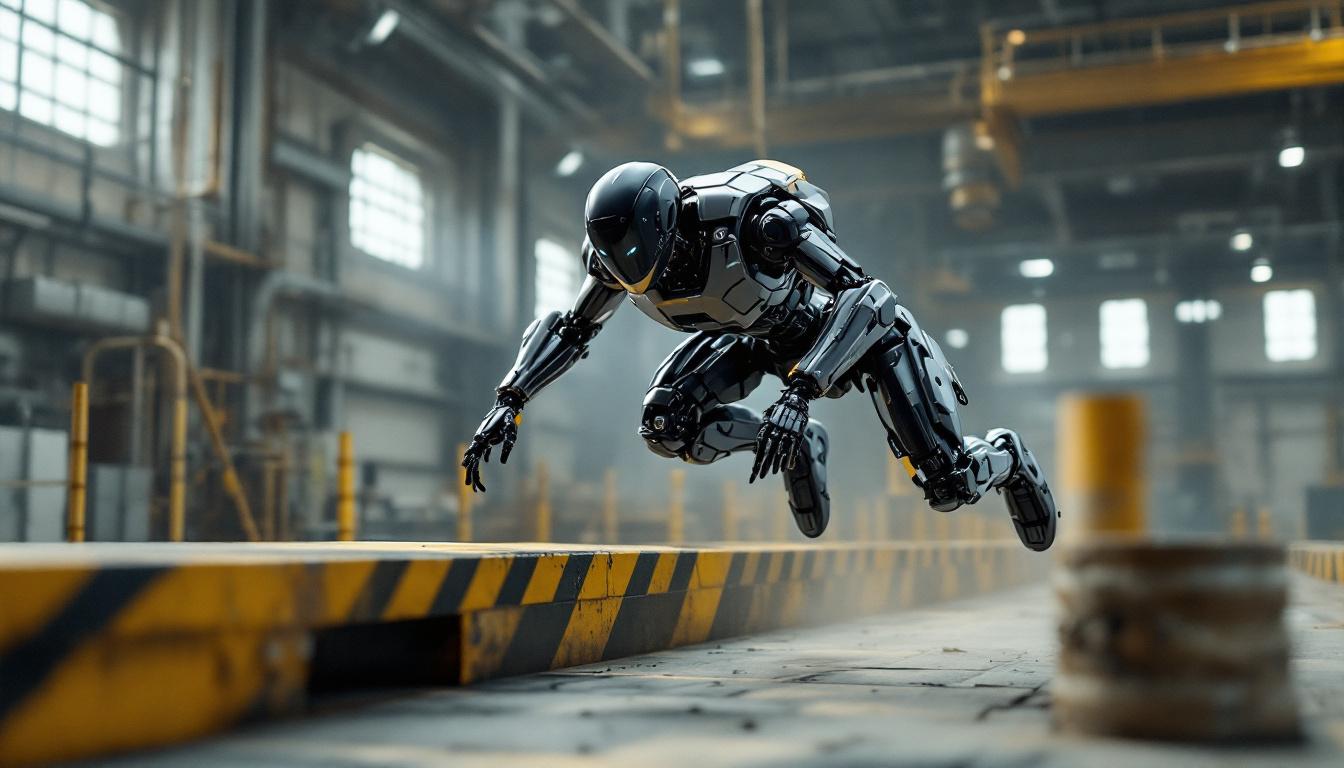 A photograph of a boston dynamics robot in mid-action as it navigates an obstacle course