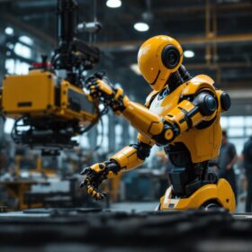 A photograph of a dynamic scene featuring the atlas robot in action
