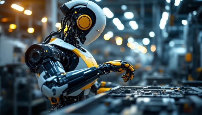 A photograph of a sleek industrial robot in action within a manufacturing environment