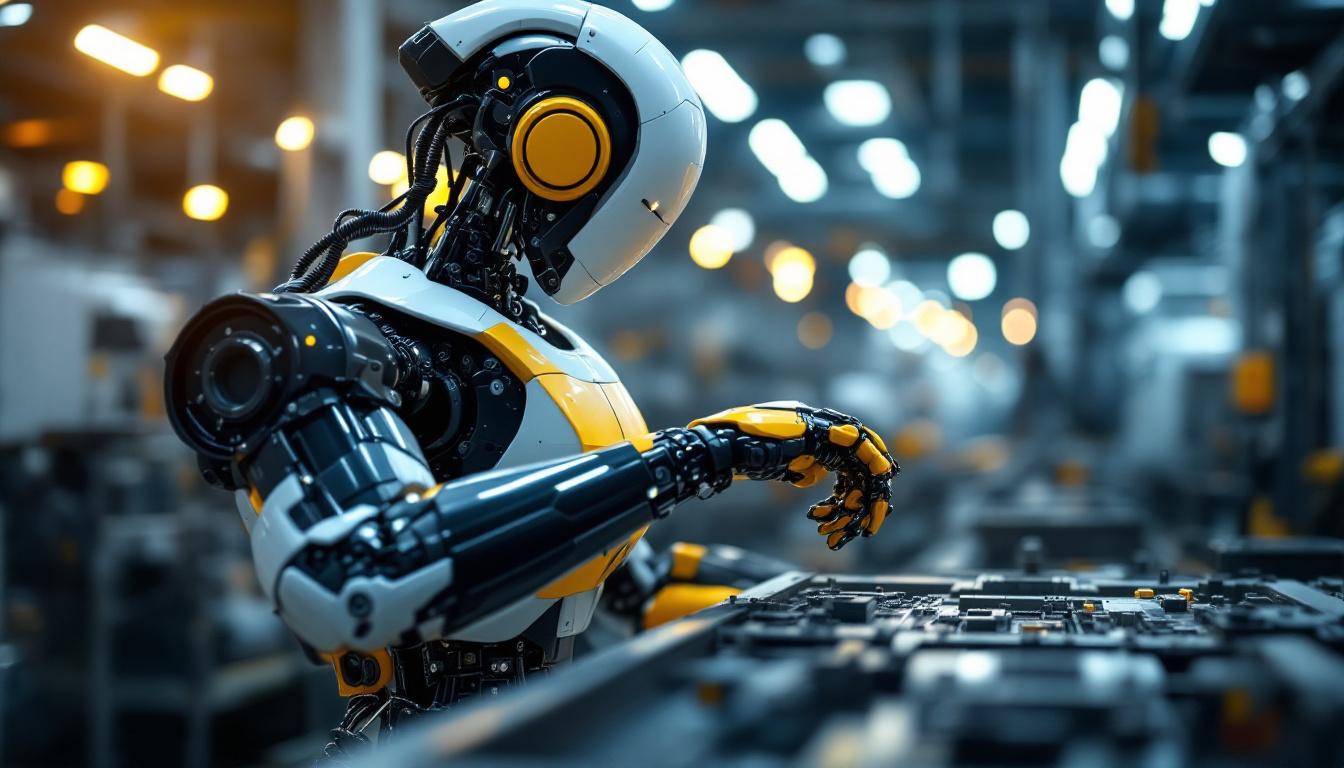 A photograph of a sleek industrial robot in action within a manufacturing environment