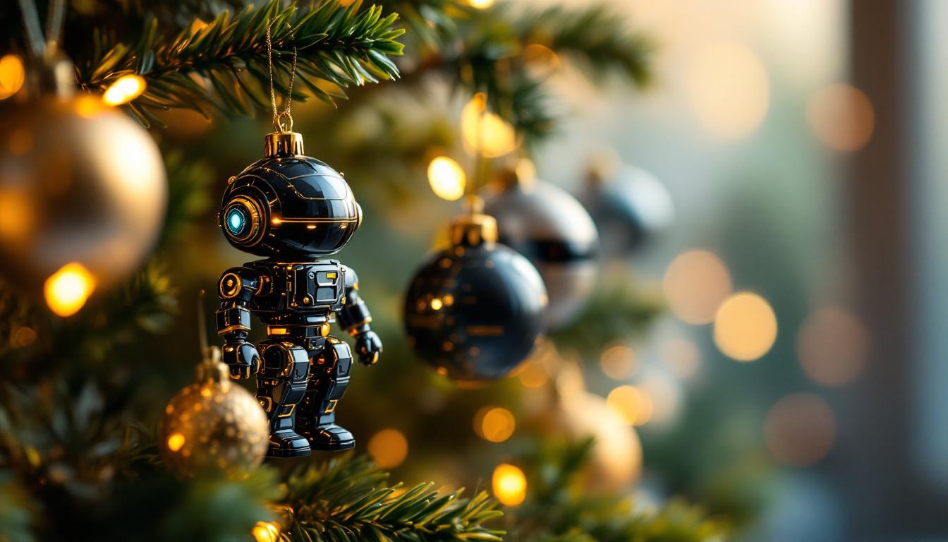 A photograph of a festive scene featuring intricately designed robot-themed christmas ornaments hanging from a beautifully decorated tree