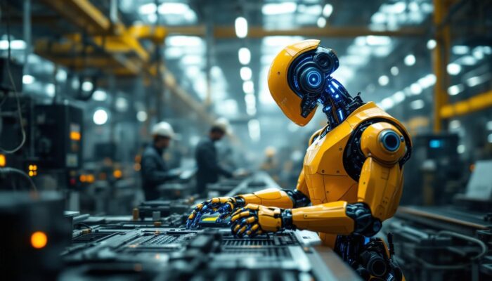 A photograph of a sleek industrial robot in action on a factory floor